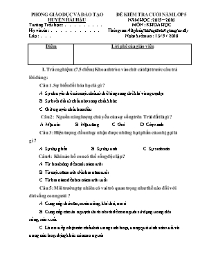 Đề và đáp án kiểm tra cuối năm môn Khoa học lớp 5 - Năm học 2015-2016 - Phòng GD & ĐT Huyện Hải Hậu